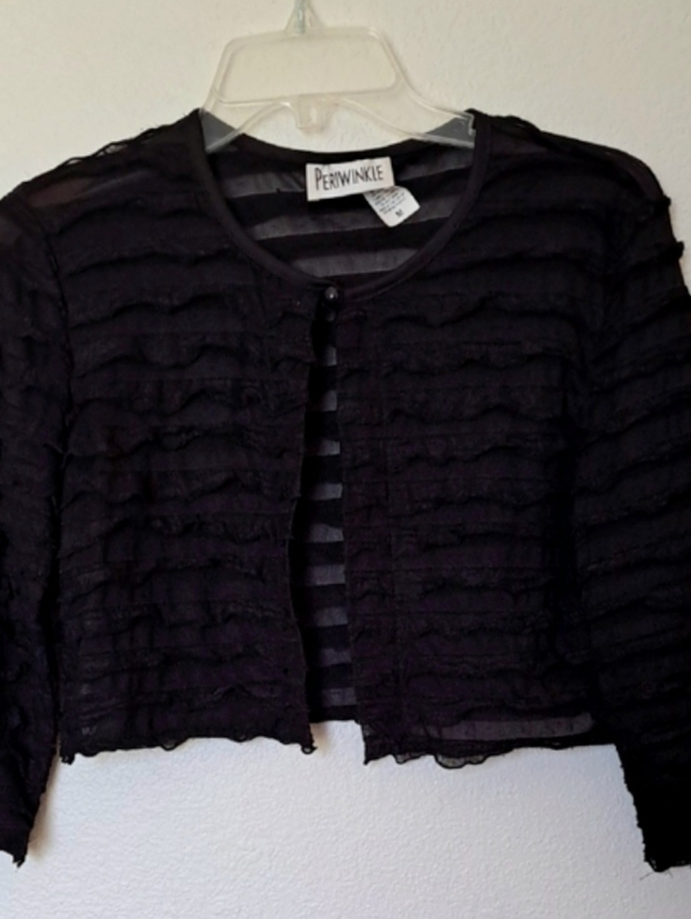 Periwinkle by Barlow Black Ruffled Cropped Cardigan Shrug Dressy